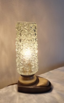 Vintage German Bedside Lamp with Beige-Brown Plastic Base and Fluted Glass Shade-HOI-2035594