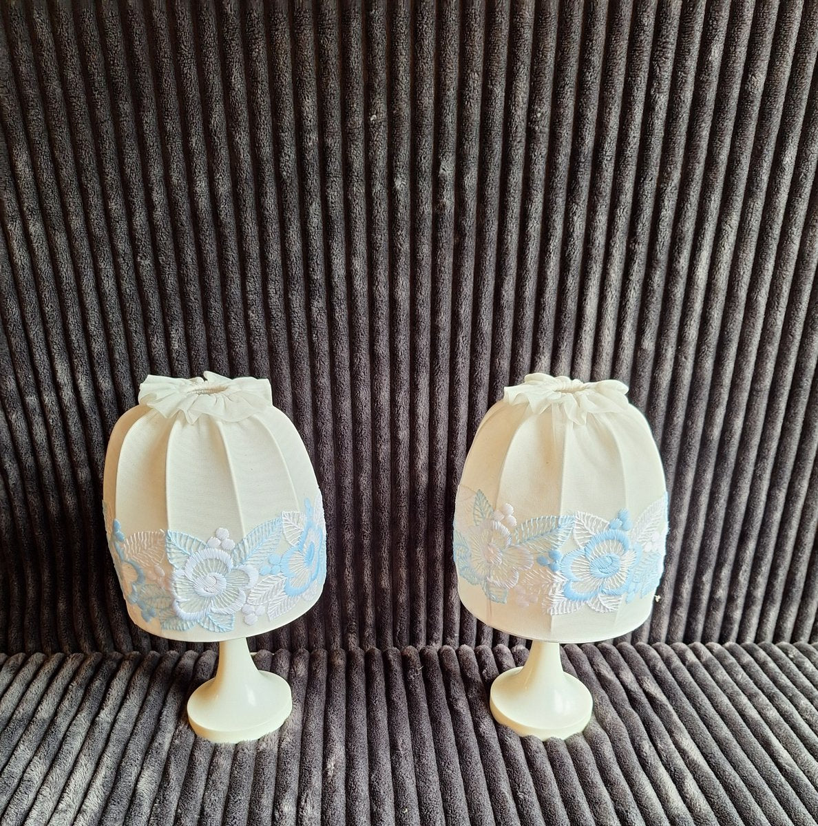 Vintage German Bedside Lamps with Cream White Plastic Bases and White Fabric Shades from Aro-Leuchten, 1970s, Set of 2