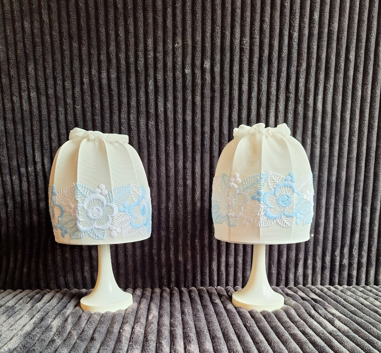 Vintage German Bedside Lamps with Cream White Plastic Bases and White Fabric Shades from Aro-Leuchten, 1970s, Set of 2