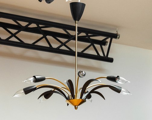 Vintage German Brass and Black Lacquer Spider Chandelier, 1950s-JE-1736809