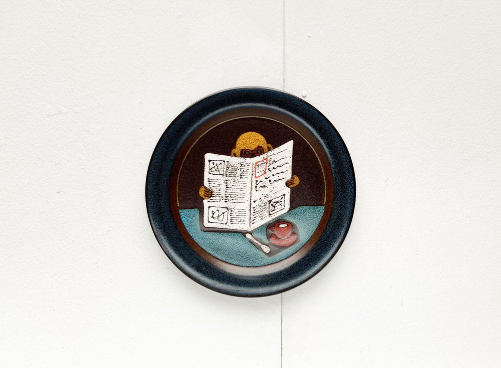 Vintage German Ceramic Wall Plate with Ape and Newspaper Motif from Keramik Manufaktur Kupfermühle, 1970s