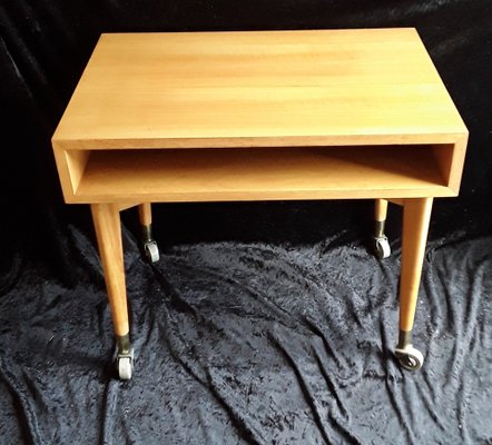 Vintage German Cherry Tree Side Table with Newspaper Filing Compartment with Gray Plastic Rolls in Brass Shoes by Wilhelm Renz, 1970s-HOI-1305193