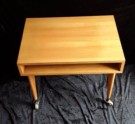 Vintage German Cherry Tree Side Table with Newspaper Filing Compartment with Gray Plastic Rolls in Brass Shoes by Wilhelm Renz, 1970s-HOI-1305193