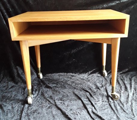 Vintage German Cherry Tree Side Table with Newspaper Filing Compartment with Gray Plastic Rolls in Brass Shoes by Wilhelm Renz, 1970s-HOI-1305193