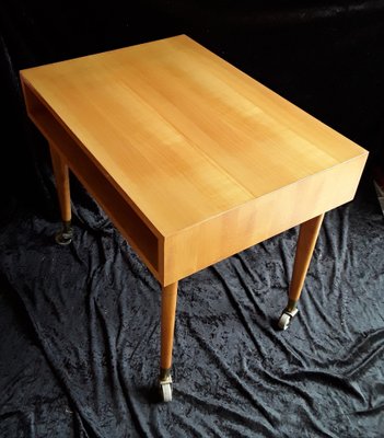 Vintage German Cherry Tree Side Table with Newspaper Filing Compartment with Gray Plastic Rolls in Brass Shoes by Wilhelm Renz, 1970s-HOI-1305193