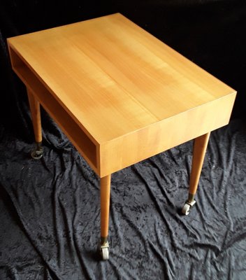 Vintage German Cherry Tree Side Table with Newspaper Filing Compartment with Gray Plastic Rolls in Brass Shoes by Wilhelm Renz, 1970s-HOI-1305193