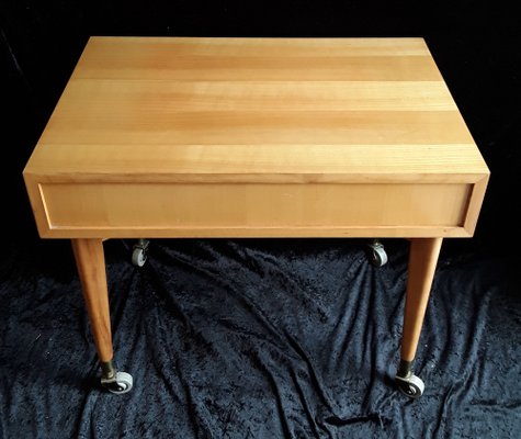 Vintage German Cherry Tree Side Table with Newspaper Filing Compartment with Gray Plastic Rolls in Brass Shoes by Wilhelm Renz, 1970s-HOI-1305193