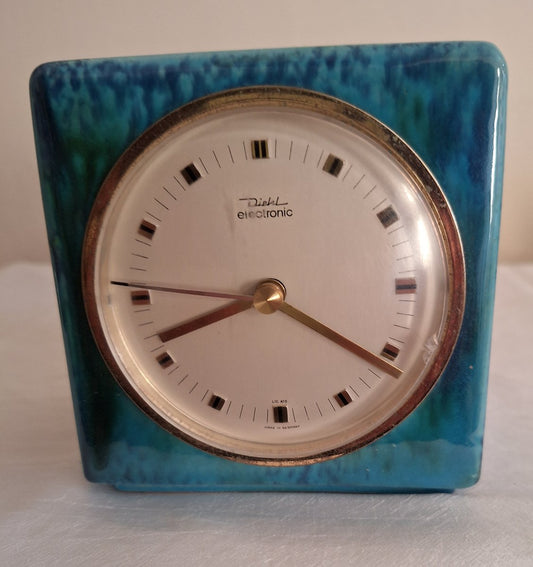 Vintage German Cube Clock with Ceramic Case in Red-Blue-Brown Glaze from Diehl, 1970s