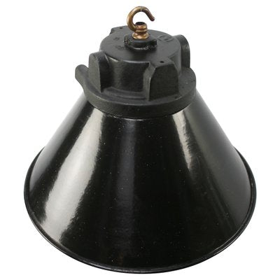 Vintage German Industrial Cast Iron, Black Enamel and Frosted Glass Pendant Light from Siemens-BLS-1805395