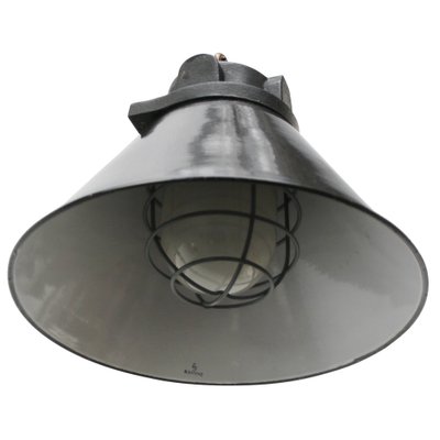 Vintage German Industrial Cast Iron, Black Enamel and Frosted Glass Pendant Light from Siemens-BLS-1805395