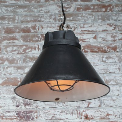 Vintage German Industrial Cast Iron, Black Enamel and Frosted Glass Pendant Light from Siemens-BLS-1805395