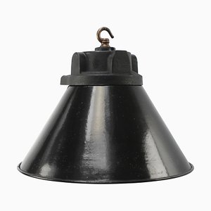 Vintage German Industrial Cast Iron, Black Enamel and Frosted Glass Pendant Light from Siemens-BLS-1805395