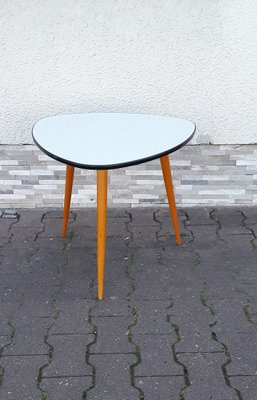 Vintage German Table with Resopal-Coated Plate in Triangular Basic Shape, Three Yellow-Brown Legs & Beech Wood from Opal, 1960s-HOI-1703834