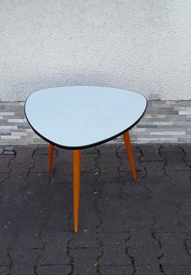 Vintage German Table with Resopal-Coated Plate in Triangular Basic Shape, Three Yellow-Brown Legs & Beech Wood from Opal, 1960s-HOI-1703834