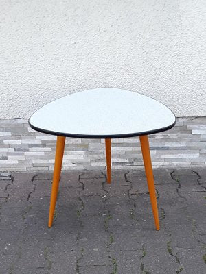 Vintage German Table with Resopal-Coated Plate in Triangular Basic Shape, Three Yellow-Brown Legs & Beech Wood from Opal, 1960s-HOI-1703834