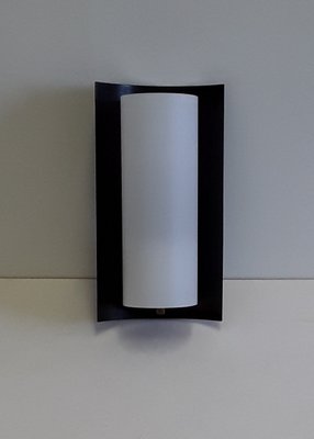 Vintage German White Glass, Brass, and Black Metal Sconce from Kaiser, 1960s-HOI-713628