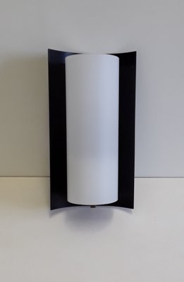 Vintage German White Glass, Brass, and Black Metal Sconce from Kaiser, 1960s-HOI-713628