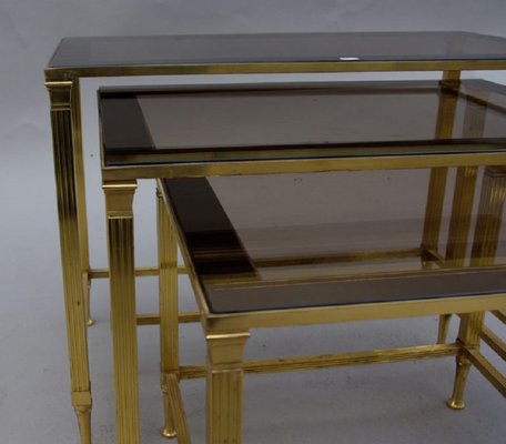 Vintage Gilt Metal and Smoked Glass Nesting Tables, Set of 3-CEJ-488273