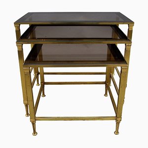 Vintage Gilt Metal and Smoked Glass Nesting Tables, Set of 3-CEJ-488273