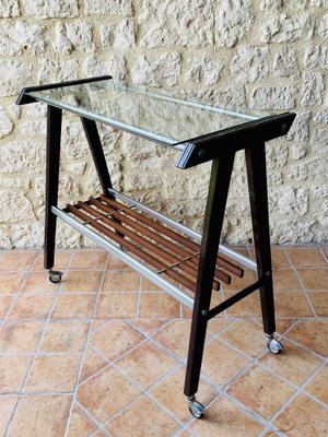 Vintage Glass and Brushed Metal Side Table on Wheels from Zuenelli, 1960s-OJT-981746