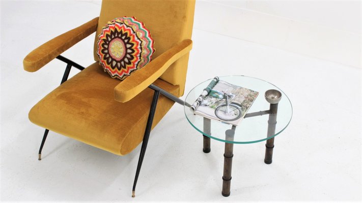 Vintage Glass and Faux Bamboo Metal Coffee Table, 1970s-ZQ-734039