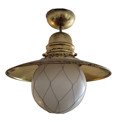 Vintage Glass and Gilt Brass Boat Ceiling Lamp-TCS-1395928