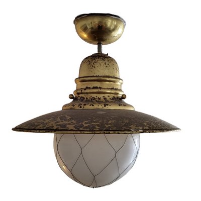 Vintage Glass and Gilt Brass Boat Ceiling Lamp-TCS-1395928