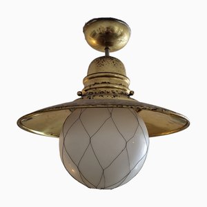 Vintage Glass and Gilt Brass Boat Ceiling Lamp-TCS-1395928