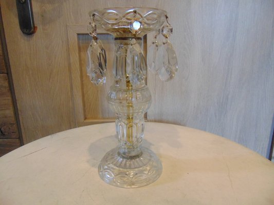 Vintage Glass Candlestick with Crystals, 1970s-CAQ-900325