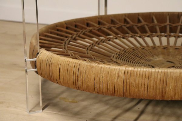 Vintage Glass Coffee Table in Rattan and Acrylic Glass, 1970s-IZV-1749705