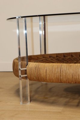 Vintage Glass Coffee Table in Rattan and Acrylic Glass, 1970s-IZV-1749705