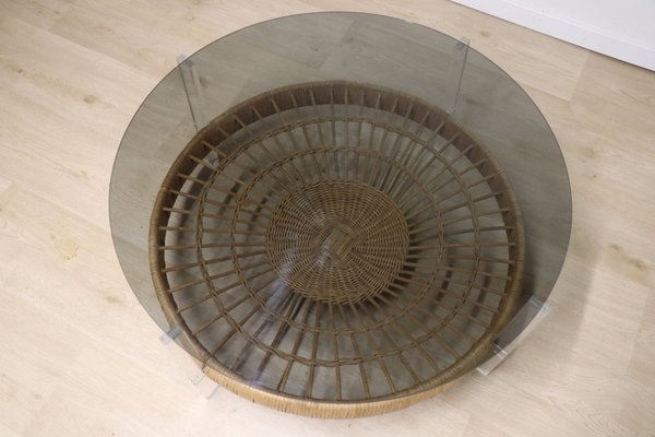 Vintage Glass Coffee Table in Rattan and Acrylic Glass, 1970s-IZV-1749705