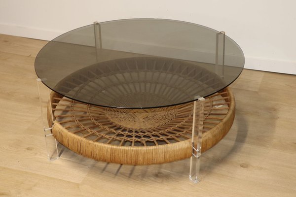 Vintage Glass Coffee Table in Rattan and Acrylic Glass, 1970s-IZV-1749705