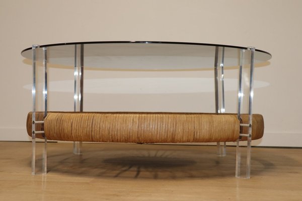 Vintage Glass Coffee Table in Rattan and Acrylic Glass, 1970s-IZV-1749705