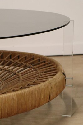 Vintage Glass Coffee Table in Rattan and Acrylic Glass, 1970s-IZV-1749705