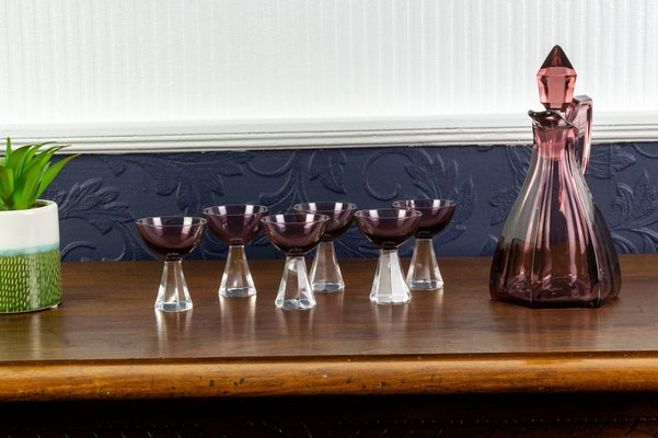 Vintage Glass Decanter and Six Glasses, Set of 7-KEG-952579