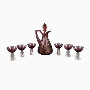 Vintage Glass Decanter and Six Glasses, Set of 7-KEG-952579