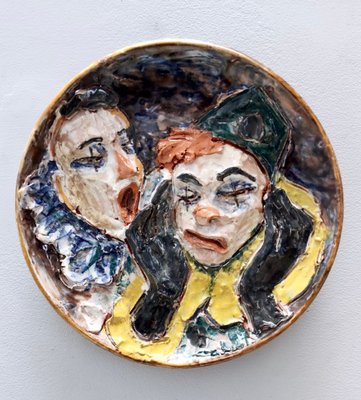 Vintage Glazed Ceramic Plate with Two Clowns, 1950s-JPQ-2019939