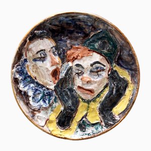 Vintage Glazed Ceramic Plate with Two Clowns, 1950s-JPQ-2019939