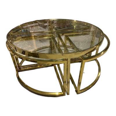 Vintage Gold Metal and Glass Coffee Table with Nesting Tables, Set of 5-TCS-1759571