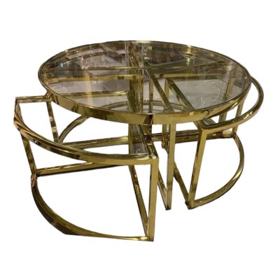 Vintage Gold Metal and Glass Coffee Table with Nesting Tables, Set of 5-TCS-1759571