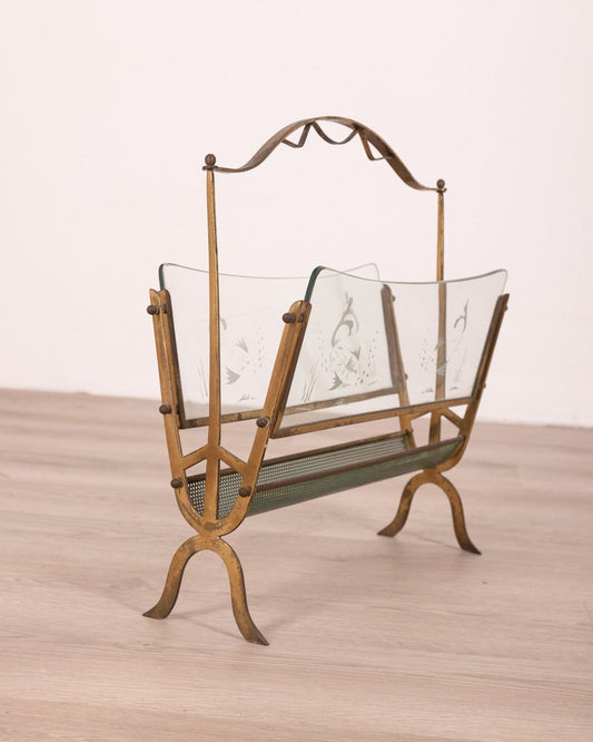 Vintage Golden Brass and Glass Magazine Rack from Maison Baguès