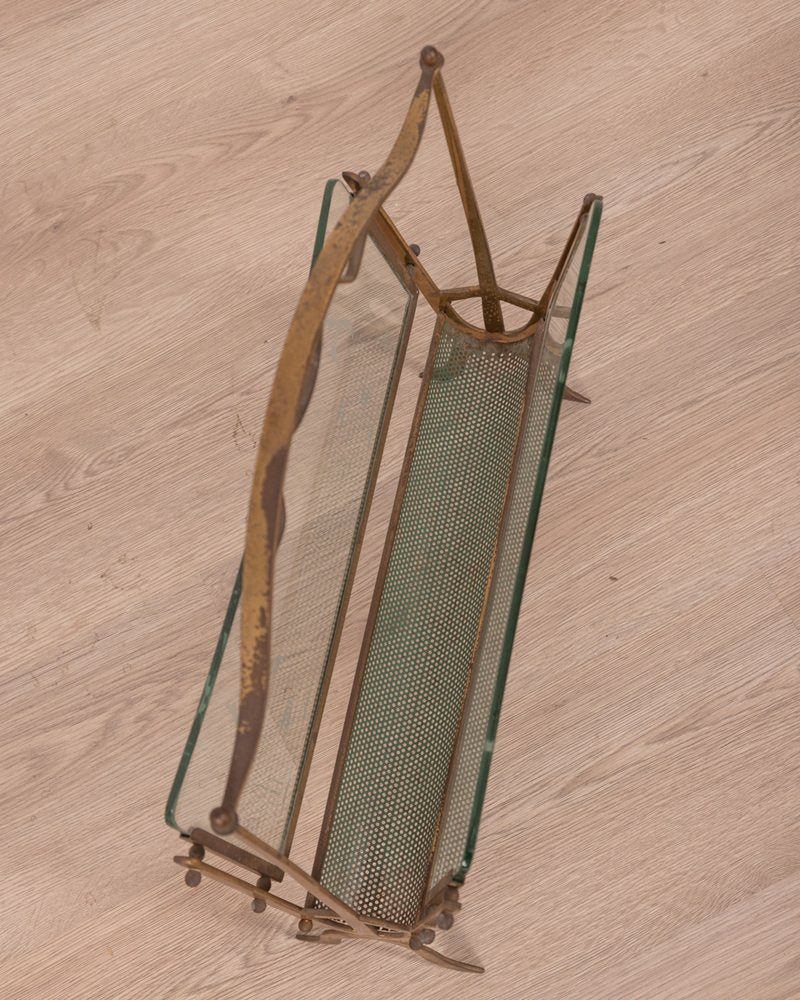 Vintage Golden Brass and Glass Magazine Rack from Maison Baguès