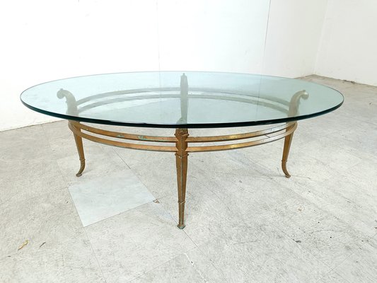 Vintage Golden Metal and Oval Glass Coffee Table, 1970s-IRH-1822788