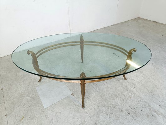 Vintage Golden Metal and Oval Glass Coffee Table, 1970s-IRH-1822788