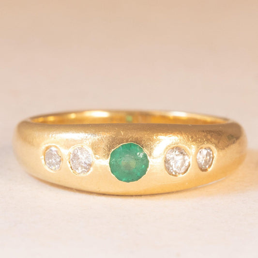 Vintage Gypsy Ring in 18K Yellow Gold with Emerald and Brilliant Cut Diamonds, 1960s