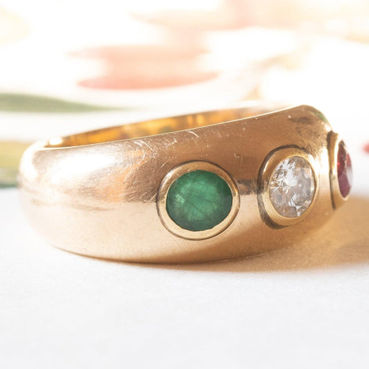 Vintage Gypsy Ring in 18k Yellow Gold with Ruby, Diamond and Emerald, 1970s