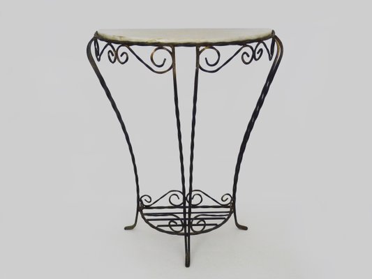 Vintage Half-Moon Entrance Console in Wrought Iron and White Marble, 1960s-MZP-2034871