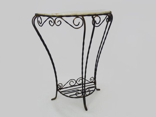 Vintage Half-Moon Entrance Console in Wrought Iron and White Marble, 1960s-MZP-2034871