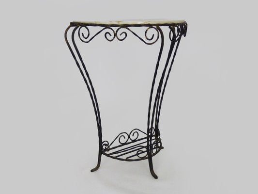 Vintage Half-Moon Entrance Console in Wrought Iron and White Marble, 1960s-MZP-2034871